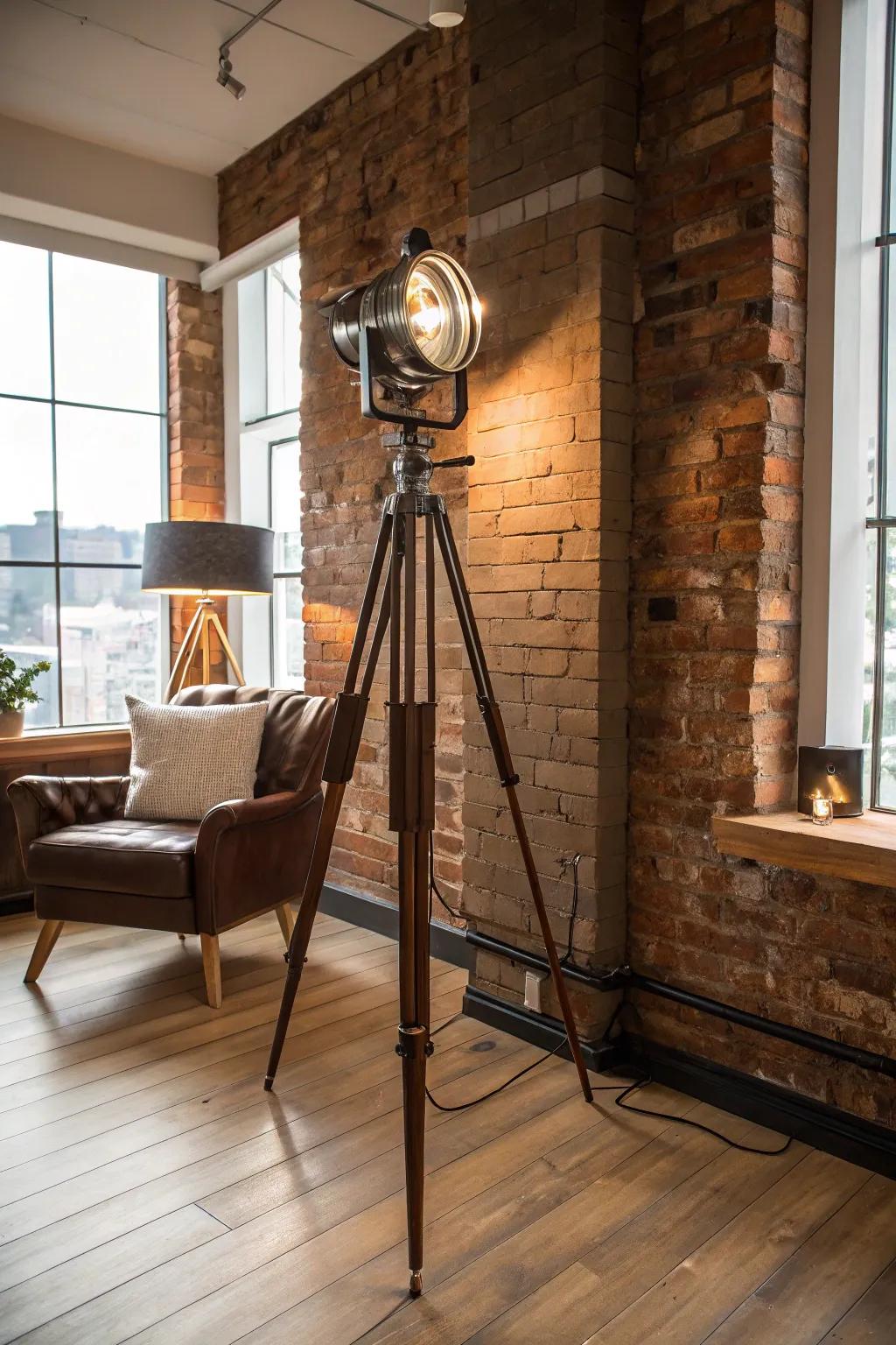 A camera tripod repurposed as a floor lamp in a stylish loft.