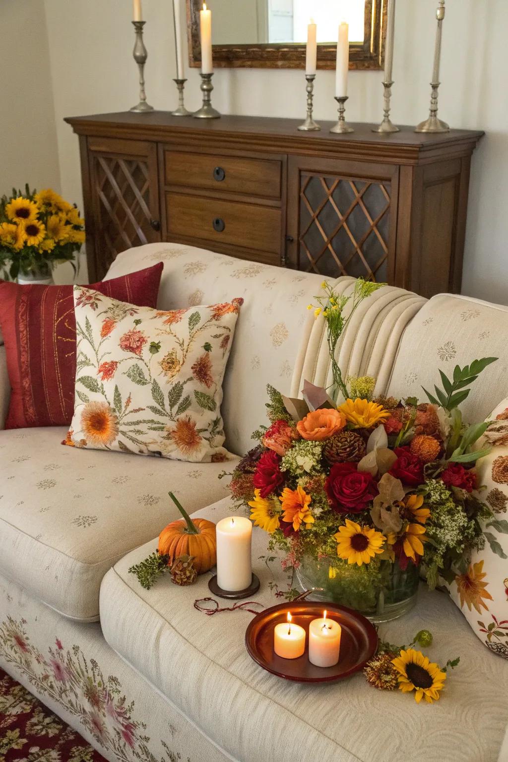 Seasonal decor on a credenza keeps the space lively.