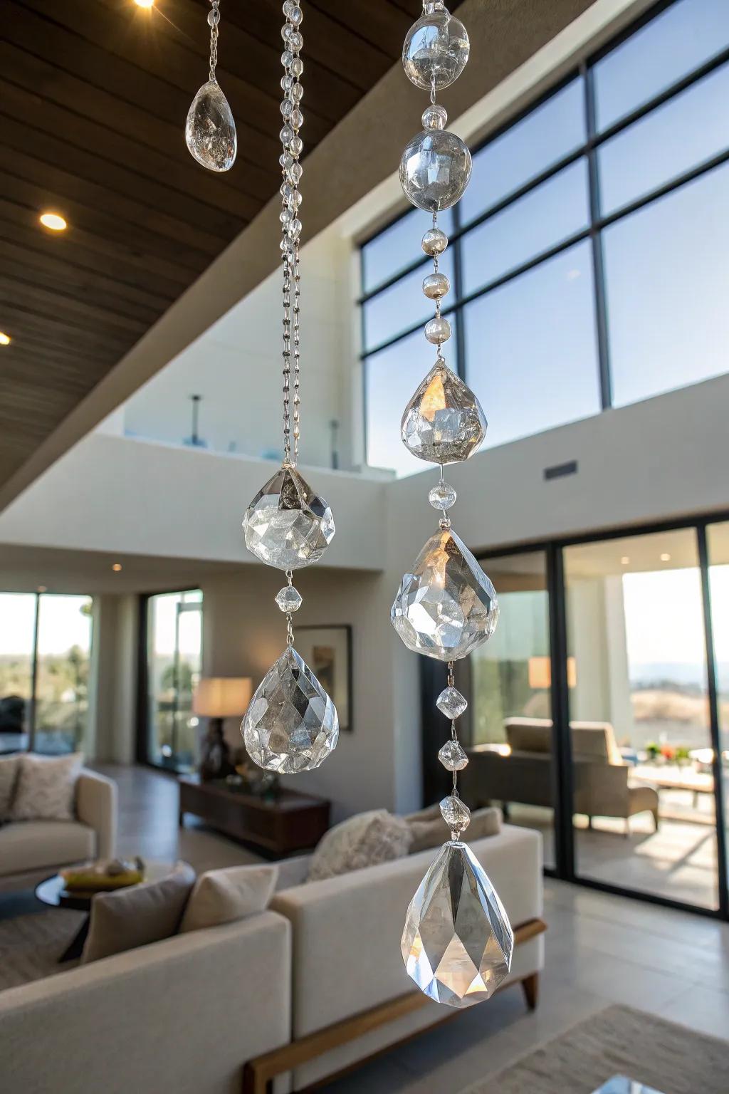 Hanging crystals creating a dramatic pendant display.