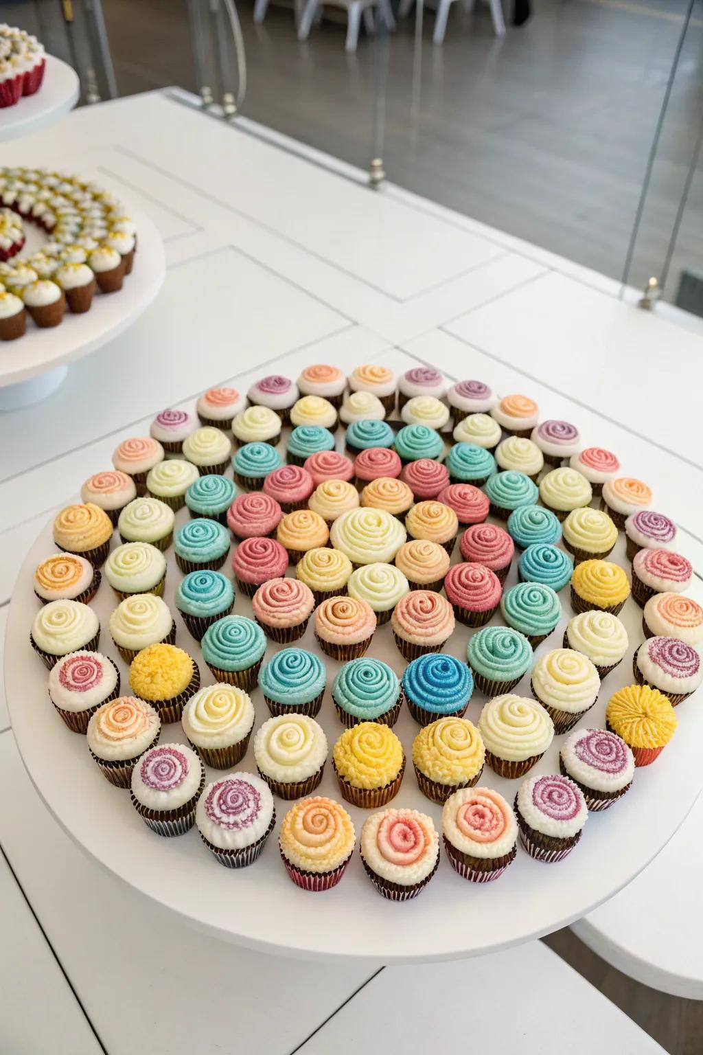 Geometric patterns create a modern and artistic cupcake display.