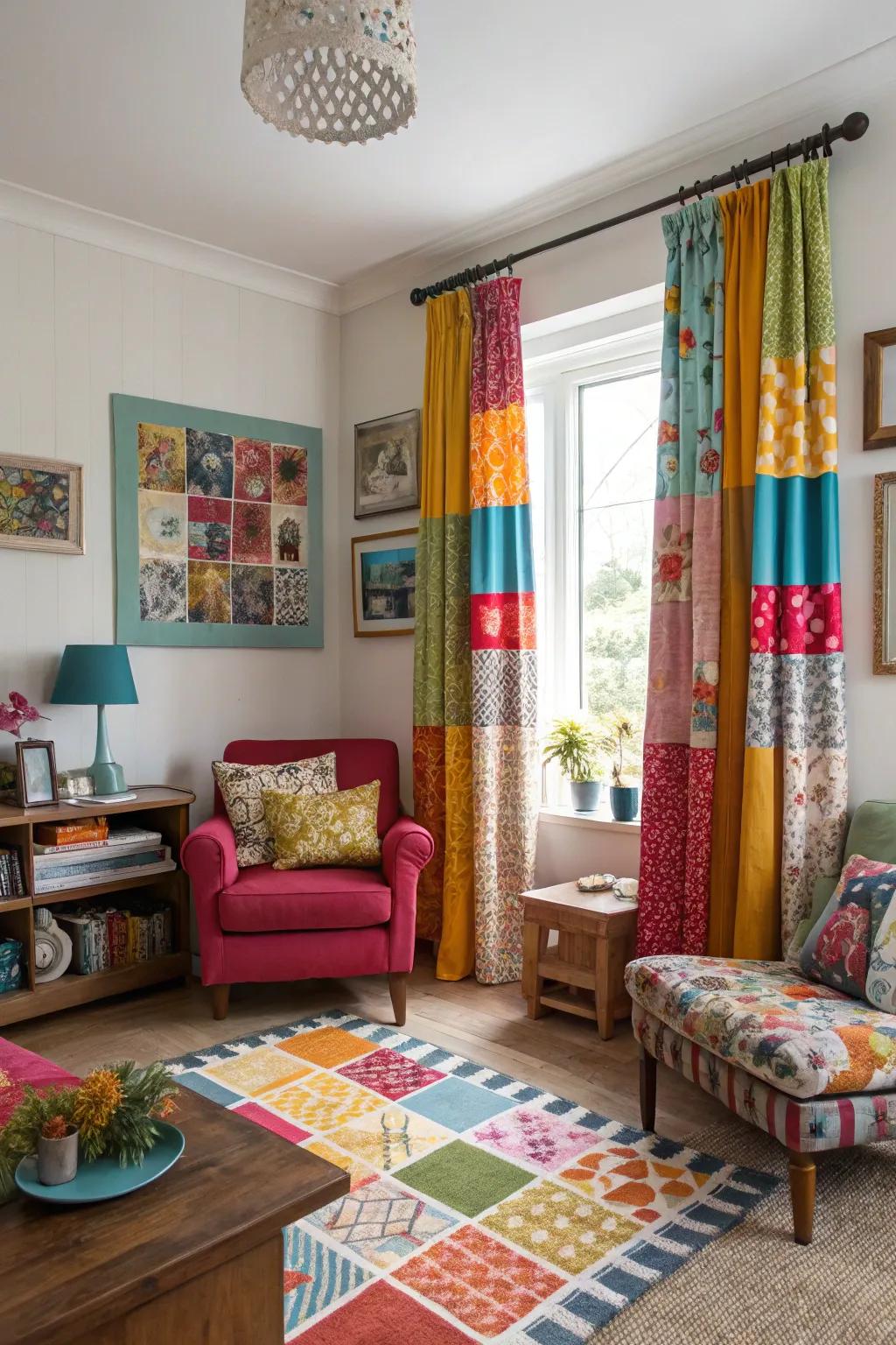 Patchwork curtains make a bold and personalized statement.