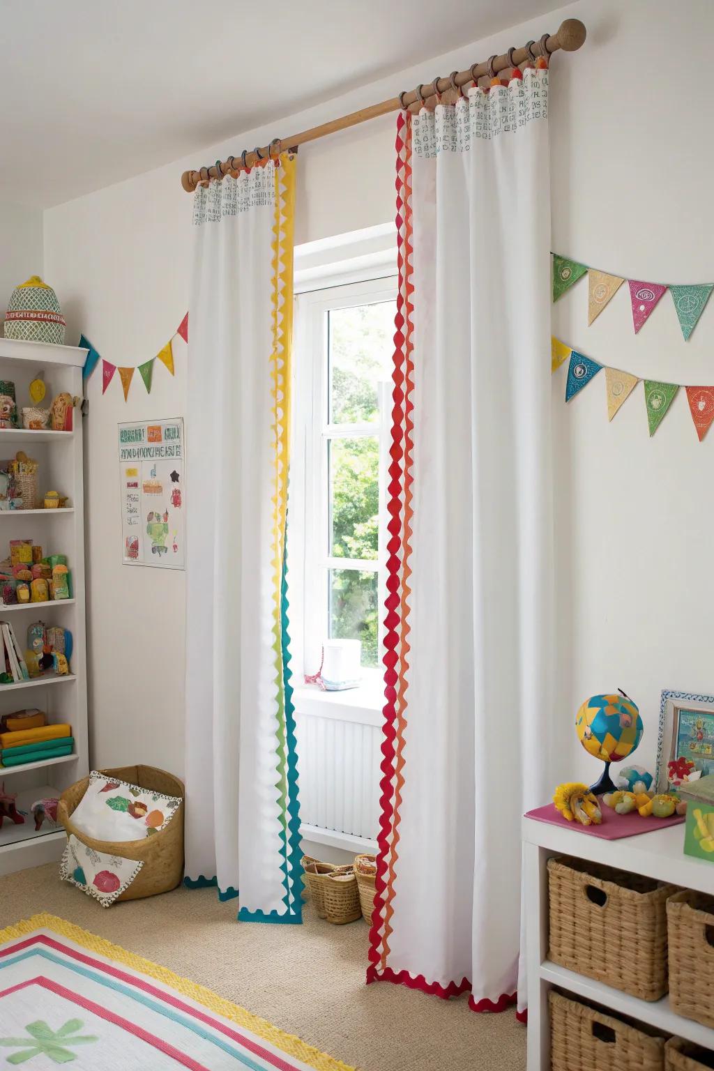 Playful curtains with colorful ric rac trims.