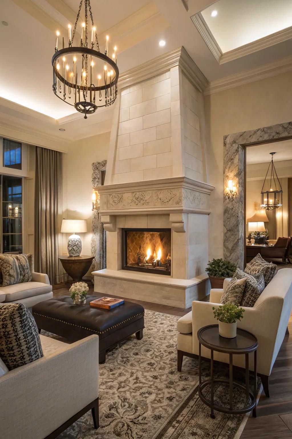 A four-sided fireplace that serves as a captivating centerpiece.