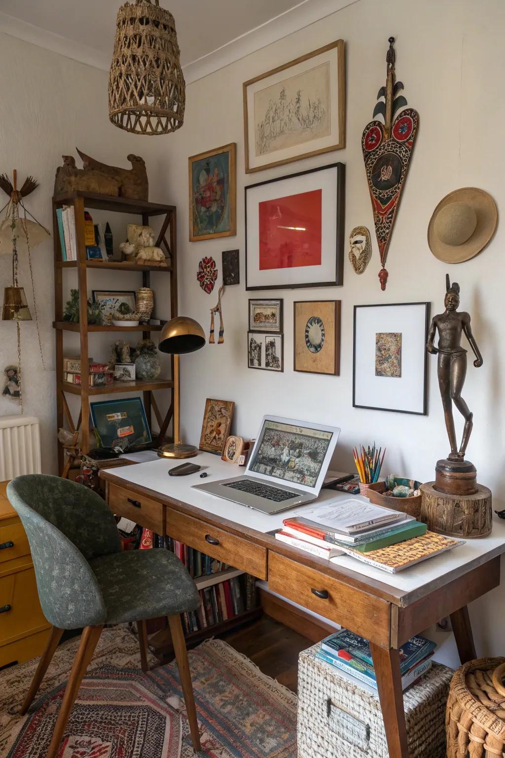 Unique decor items add personality to a home office.