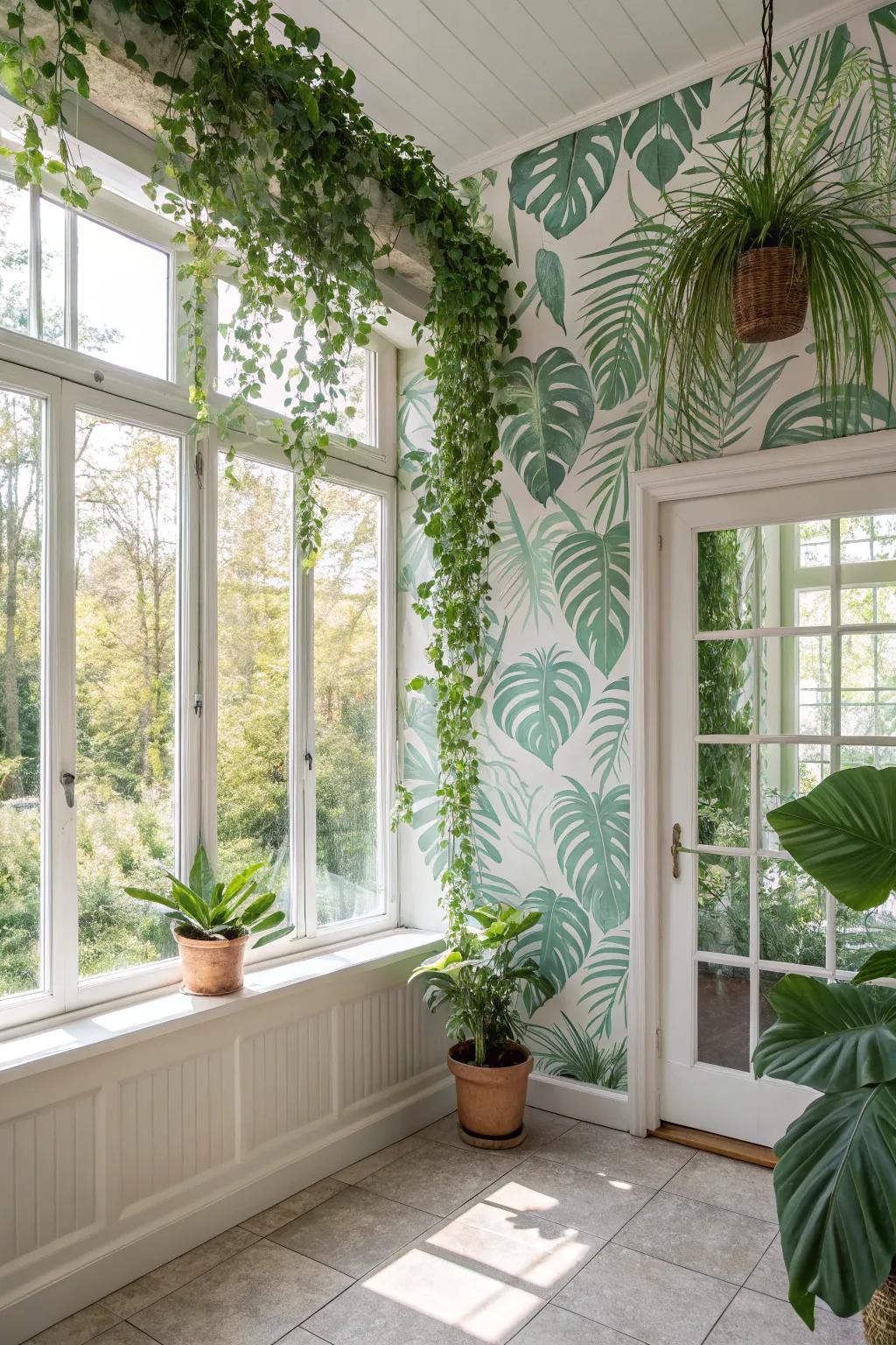 A sunroom with tropical leaf pattern wallpaper, creating a lush, vacation-like retreat.