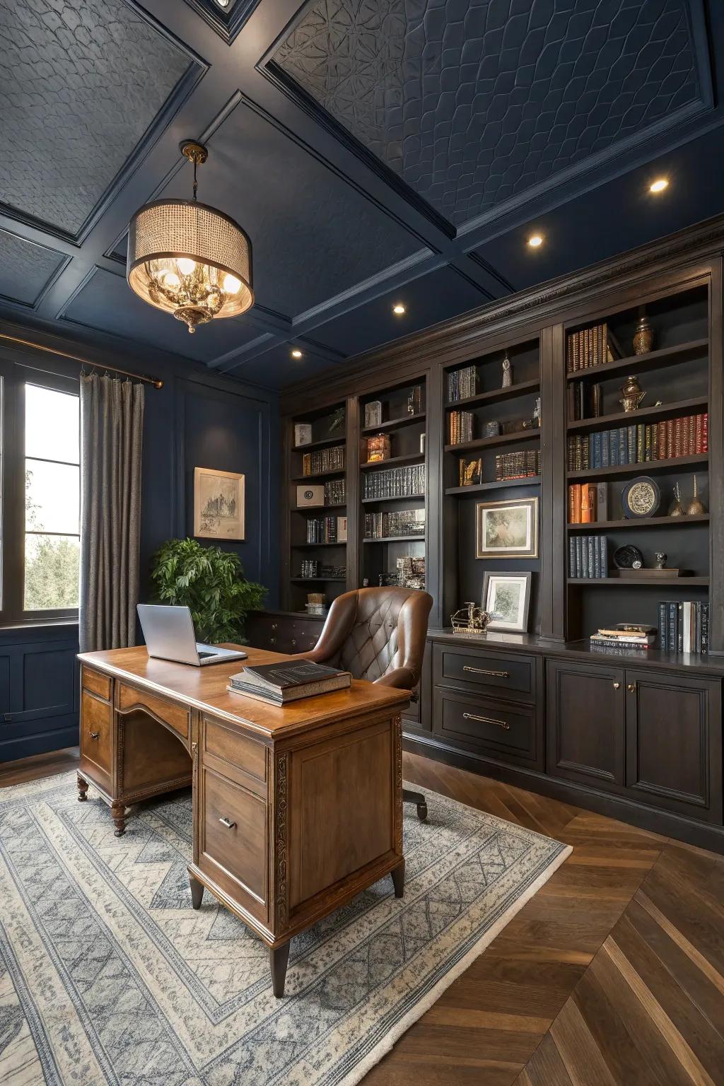 A sophisticated home office with a dark blue ceiling.