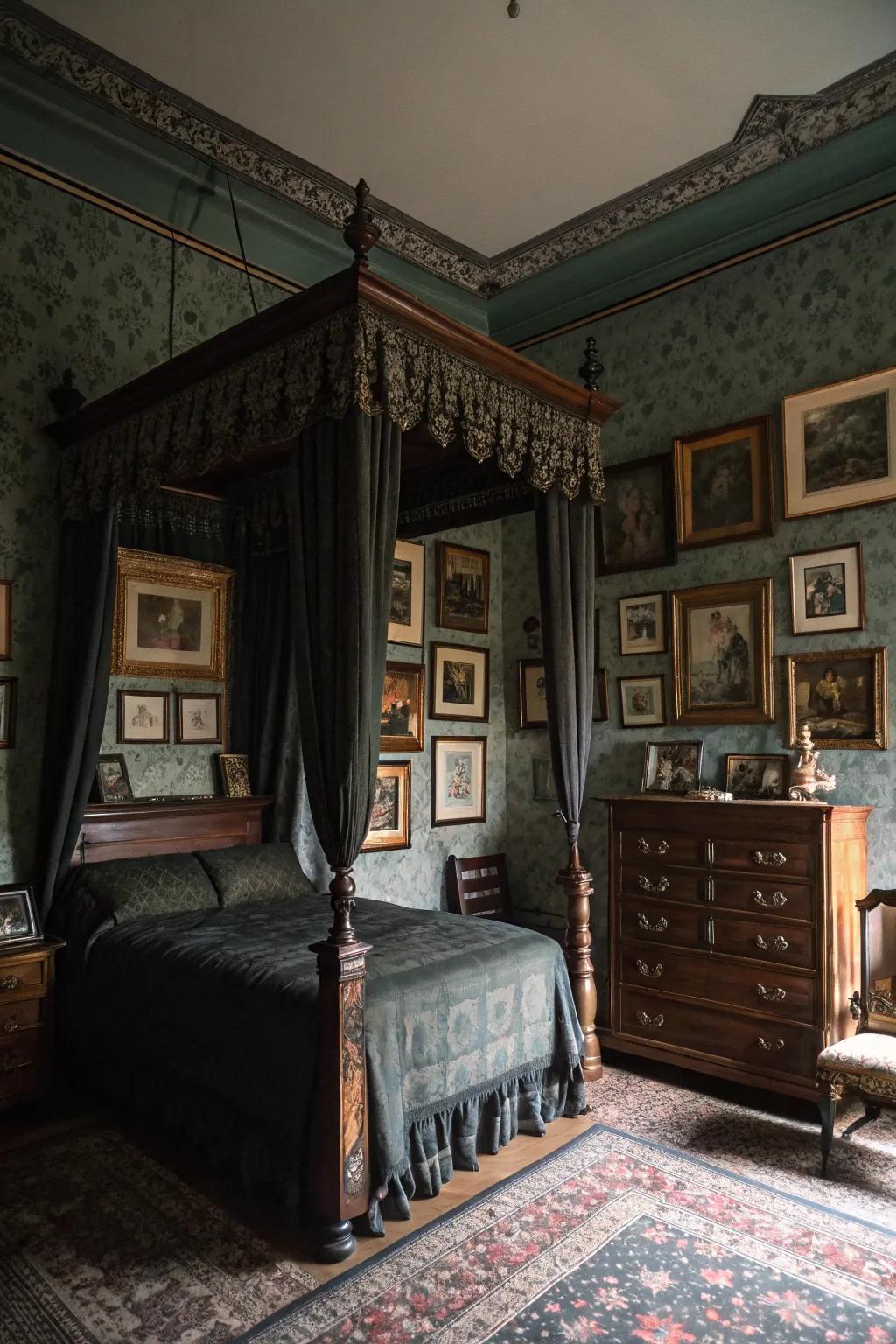 Vintage art pieces enhance the old-world charm of a dark vintage bedroom.