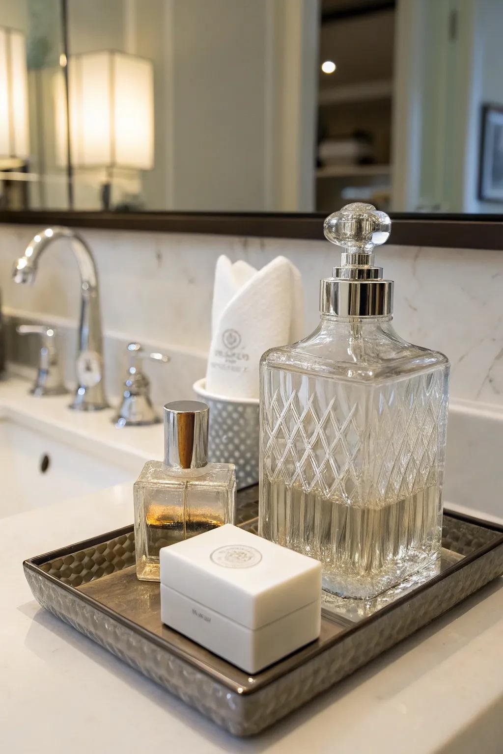 A bathroom countertop featuring a decanter as a mouthwash holder.