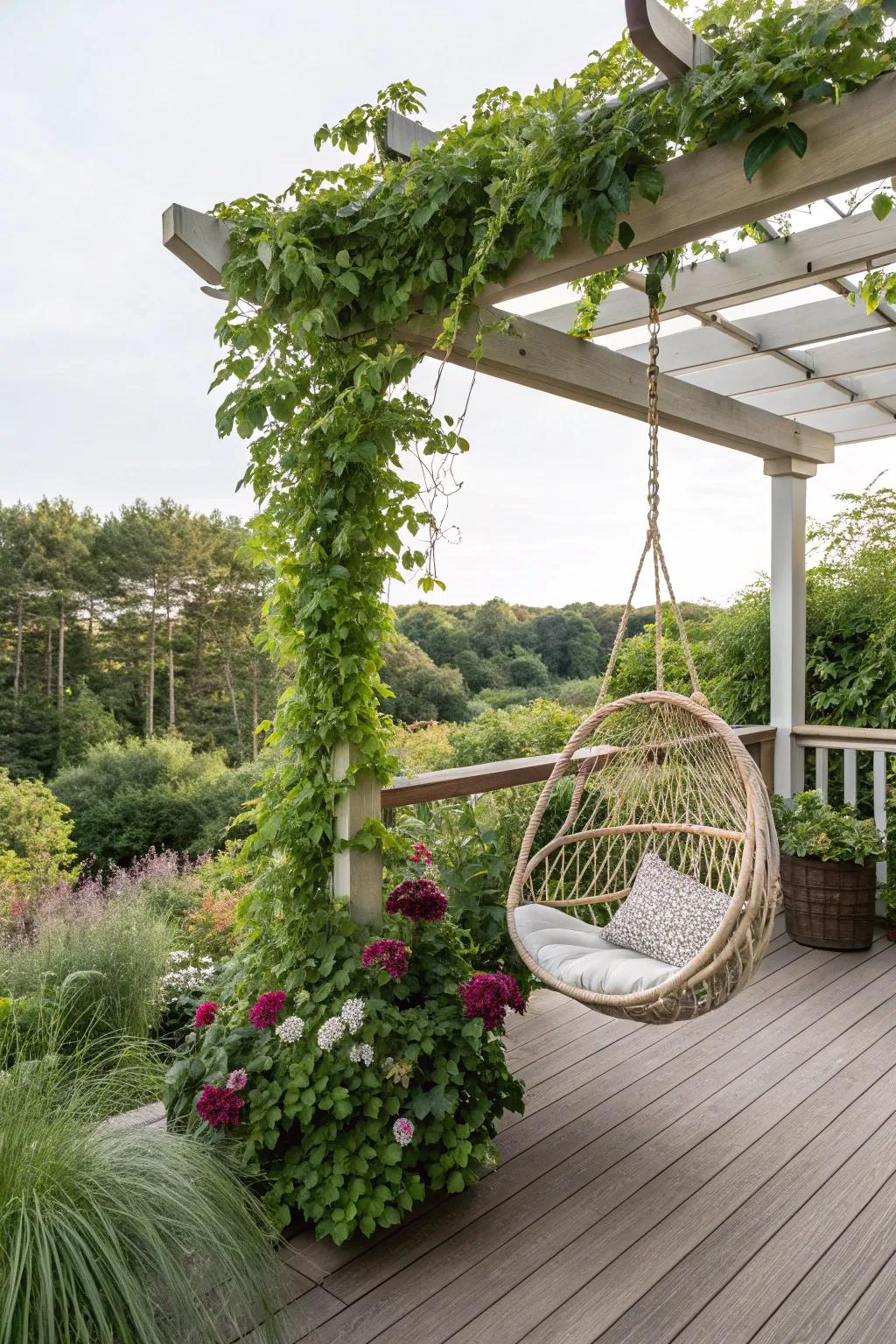 A hanging swing under a pergola, perfect for relaxation.