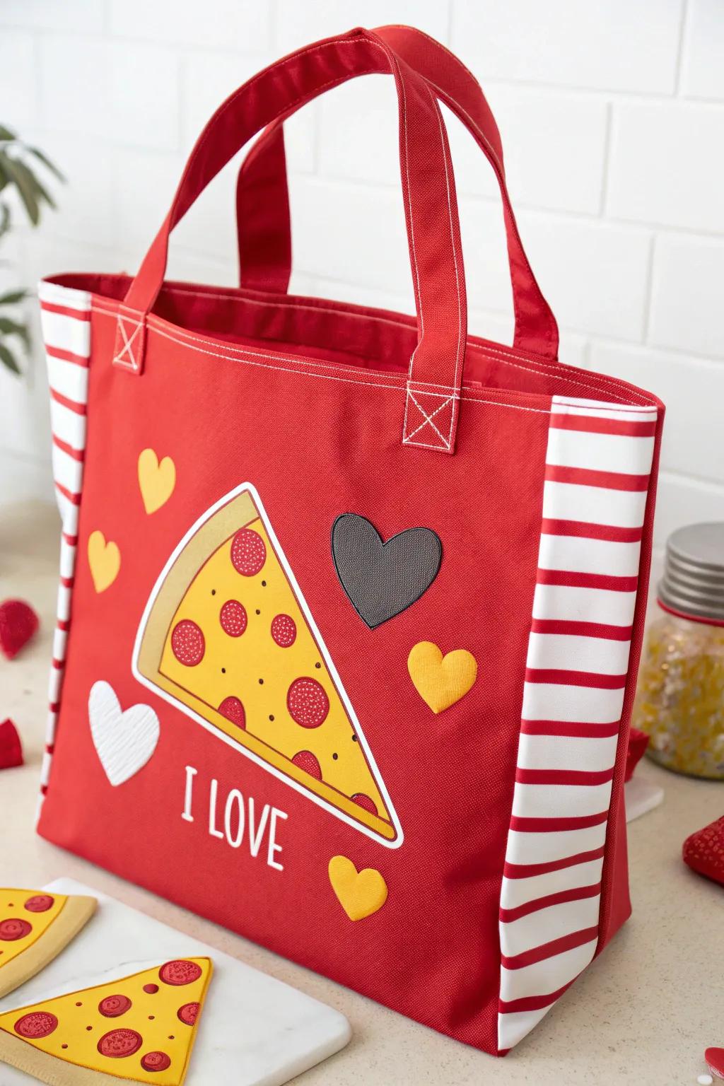 Pizza-themed bags bring a touch of humor and love.