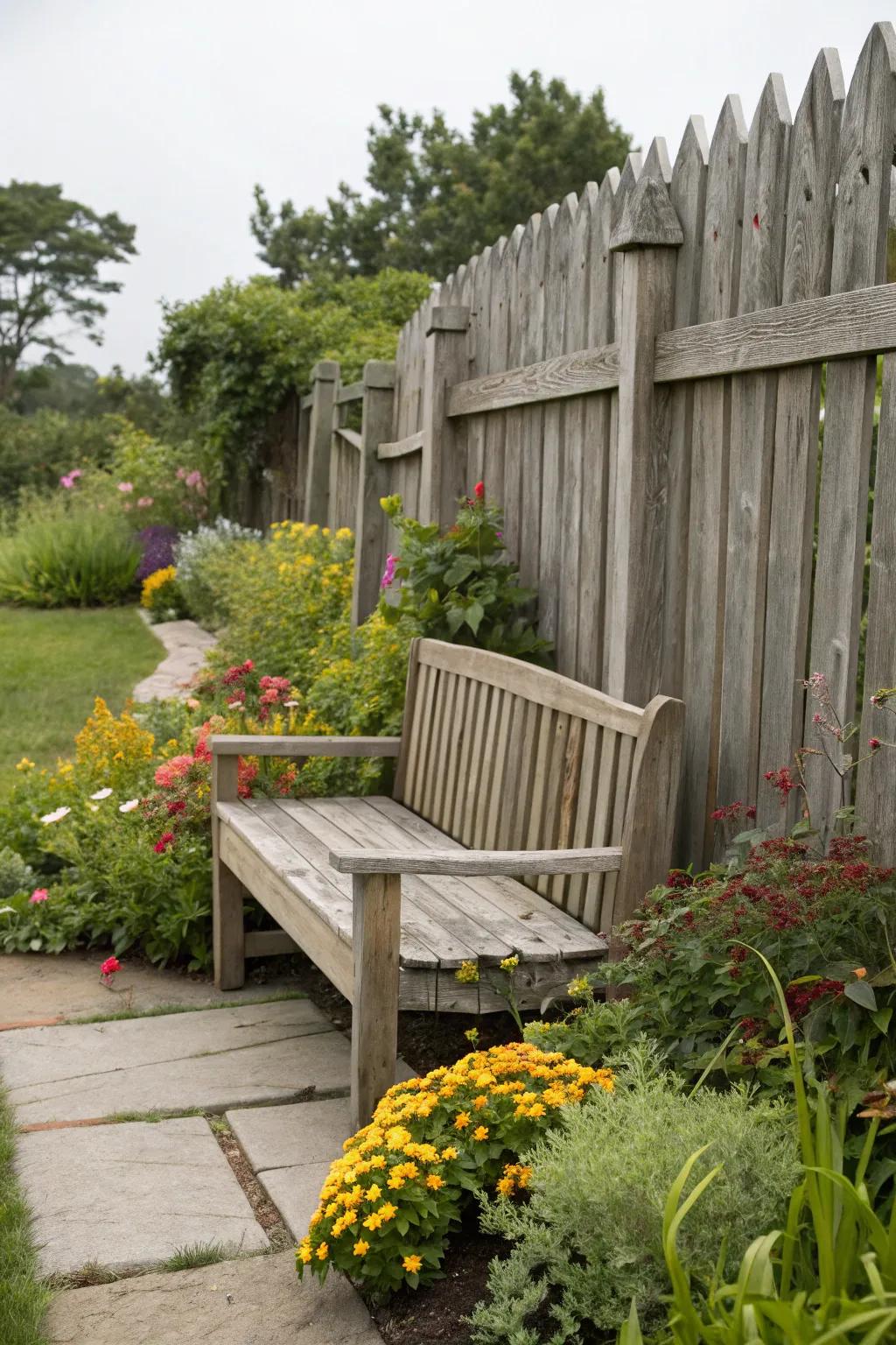 A built-in bench offers comfort and style in garden settings.