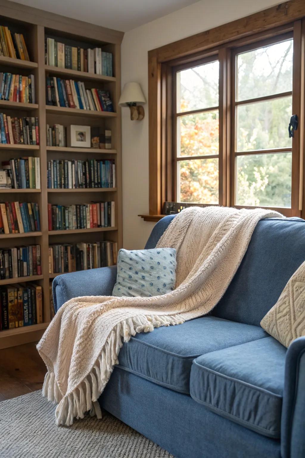 A denim blue sofa becomes the perfect spot for a cozy reading nook.