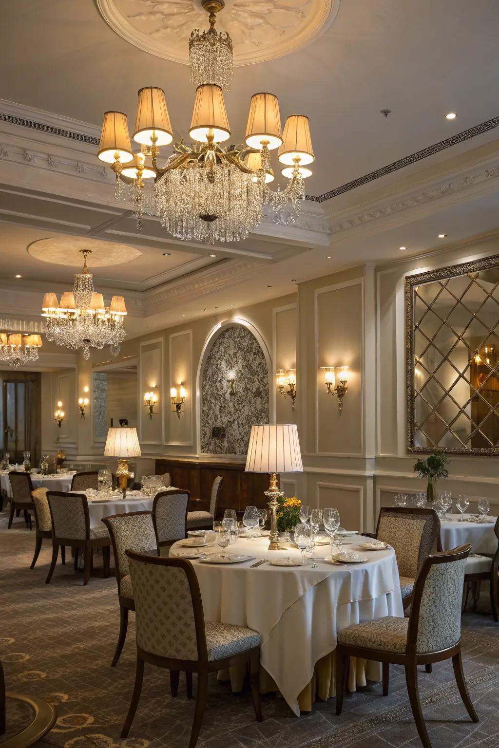 Layered lighting adds depth and dimension to this elegant dining room.