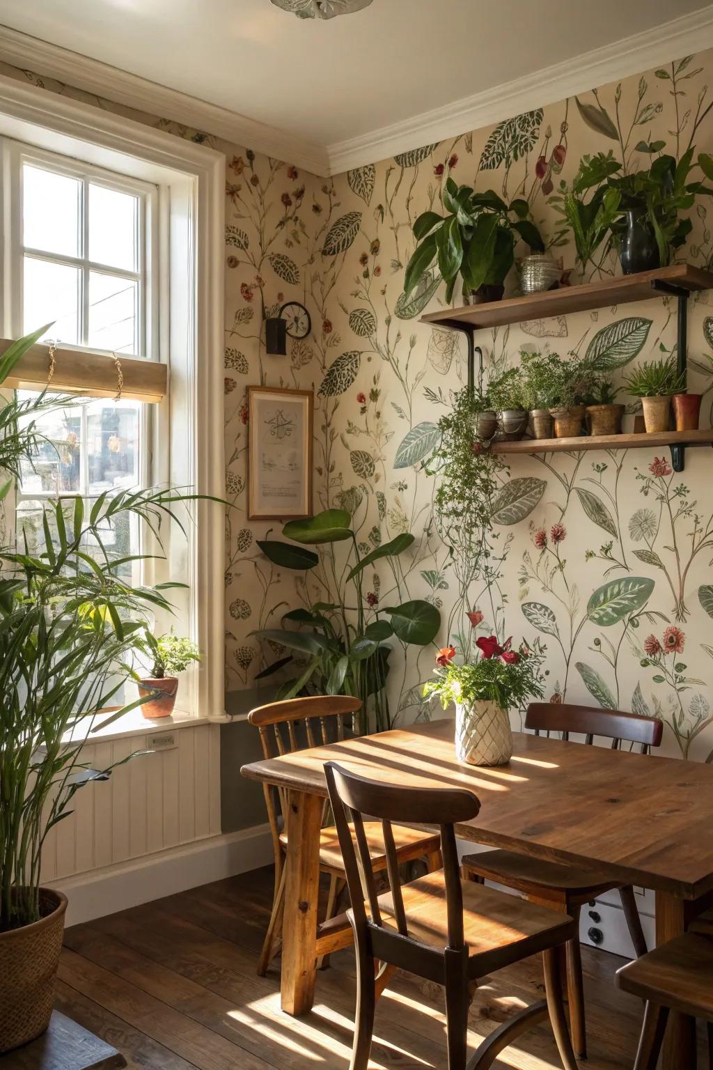 Botanical wallpaper and indoor plants create a refreshing natural ambiance.