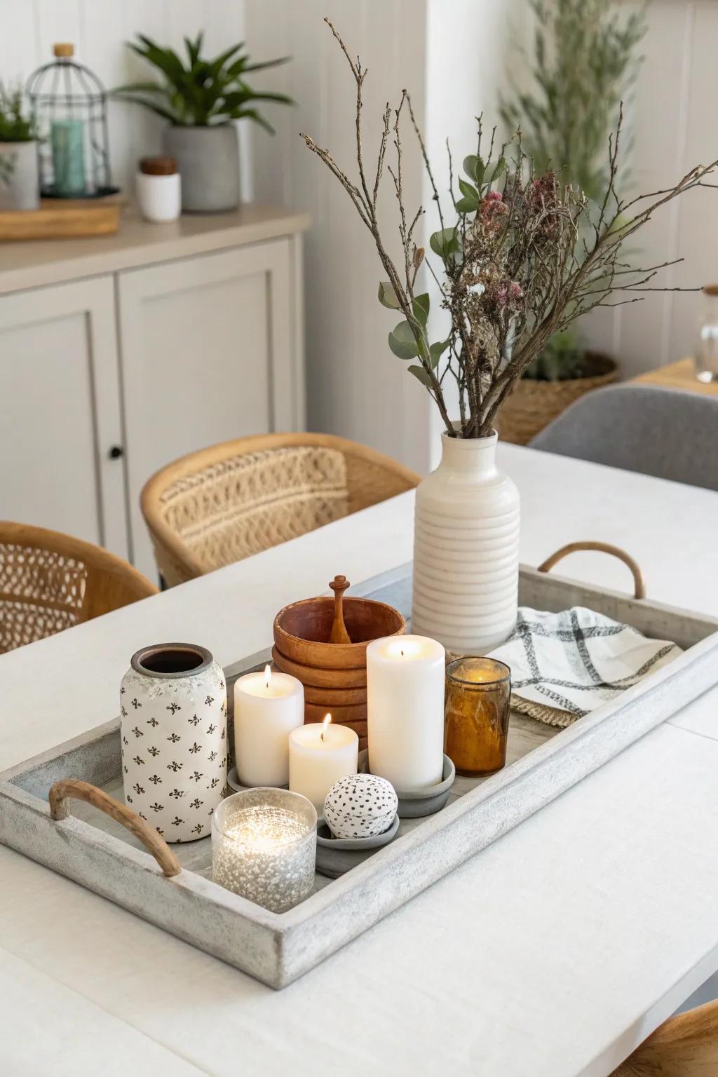 A dining table with decor items organized in a large tray.