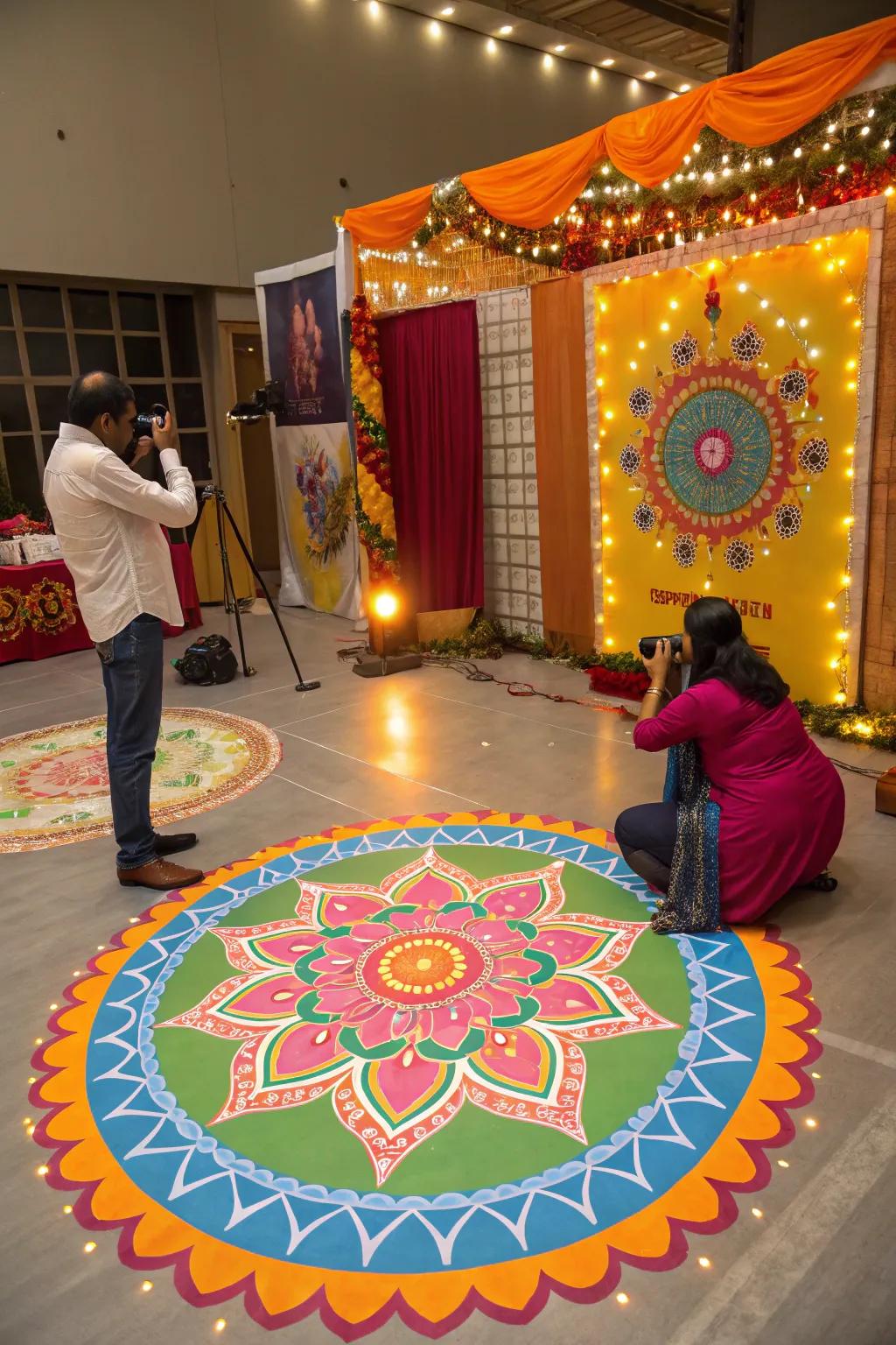 Vibrant rangoli patterns adding a creative touch to the booth.