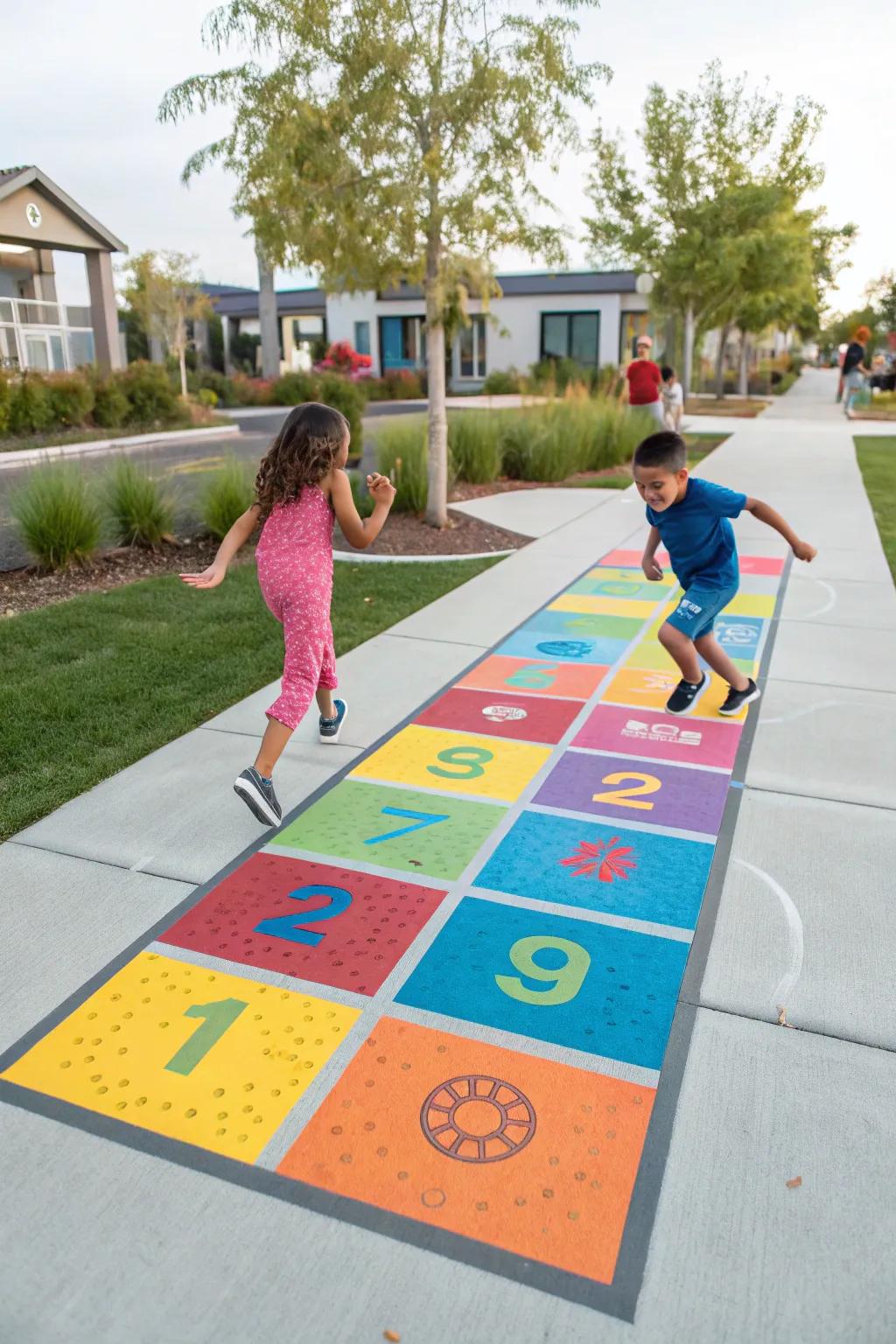 A creative hopscotch game brings joy and exercise to the neighborhood.