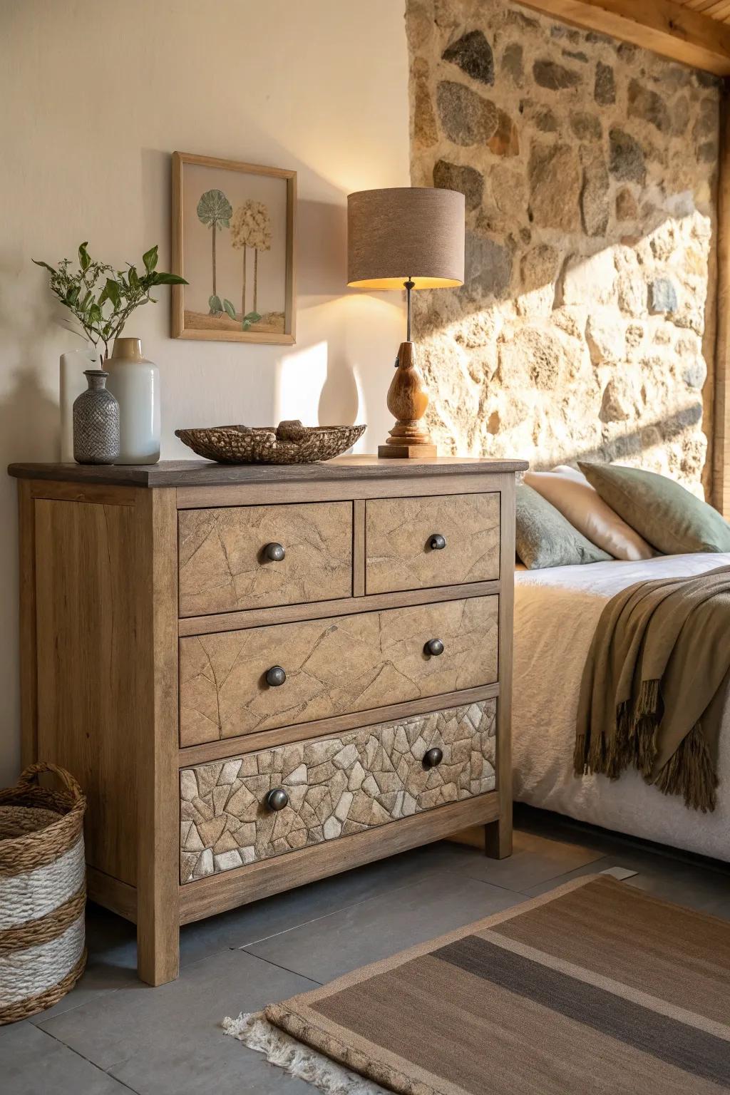 Natural textures bring warmth and grounding to the dresser.