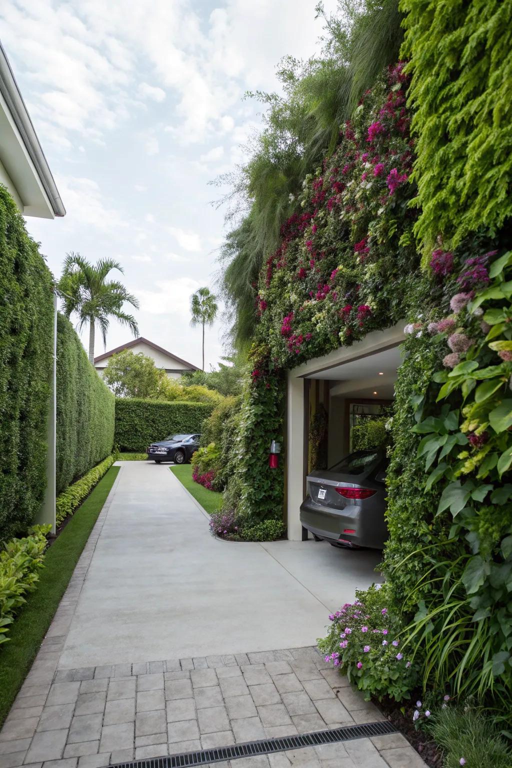 Space-saving vertical garden walls lining the driveway.