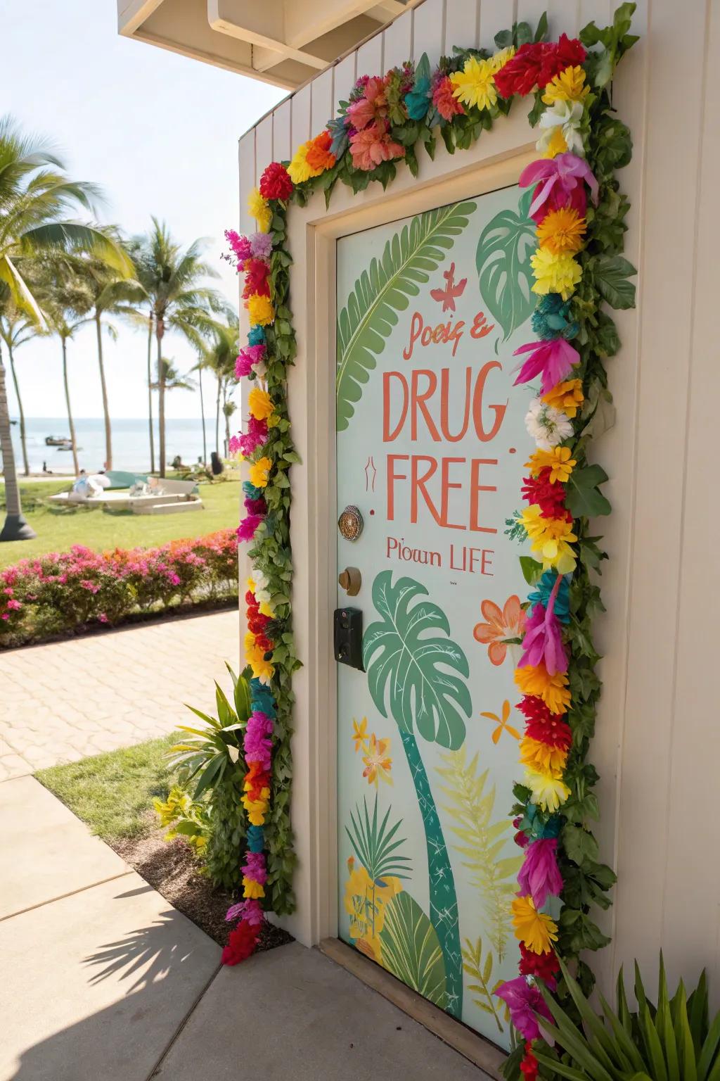 A tropical-themed door decoration with a drug-free message.