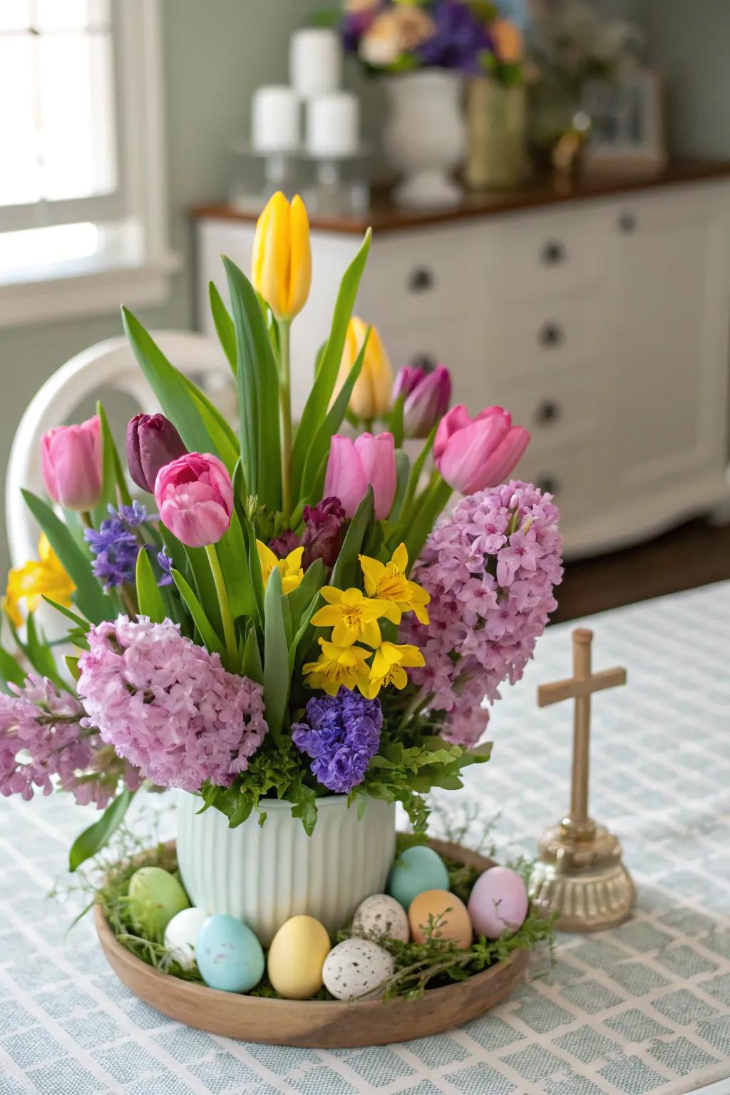 A vibrant flower centerpiece that captures the essence of spring.