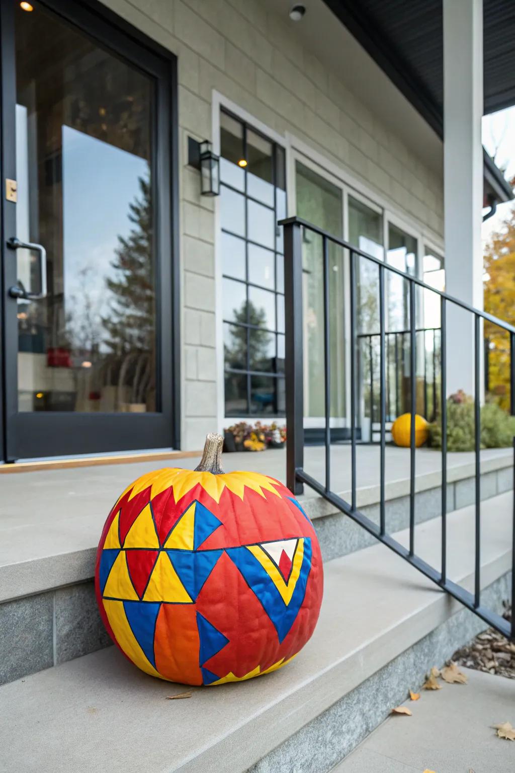 Geometric shapes give this pumpkin a contemporary flair, perfect for stylish Halloween decor.