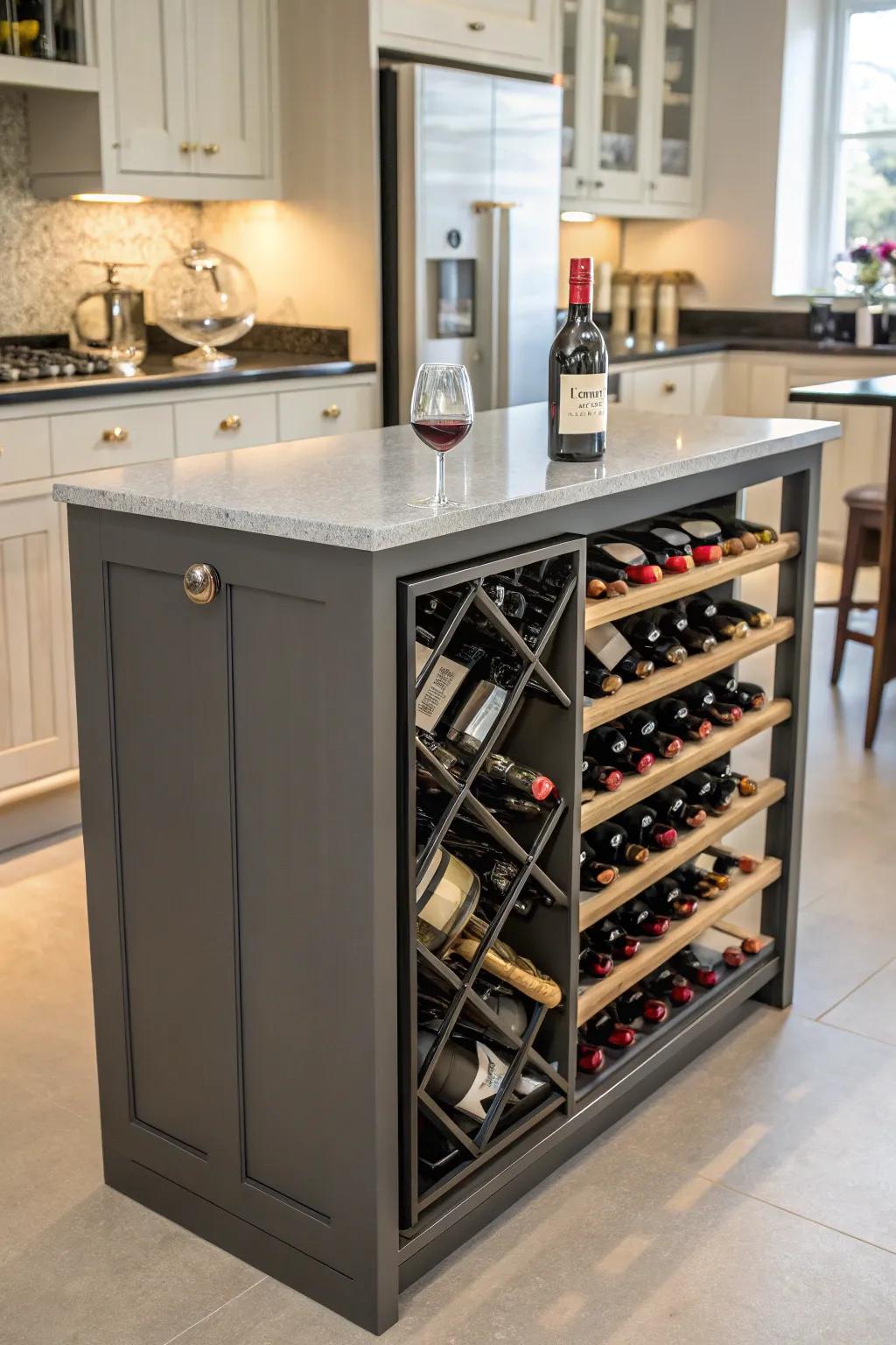 An island with a built-in wine rack for easy access.