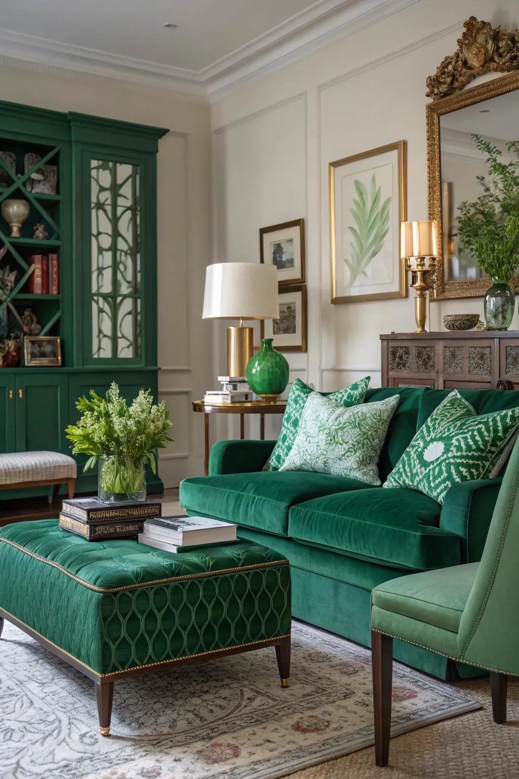 Eclectic blend of traditional and modern styles in emerald green decor.