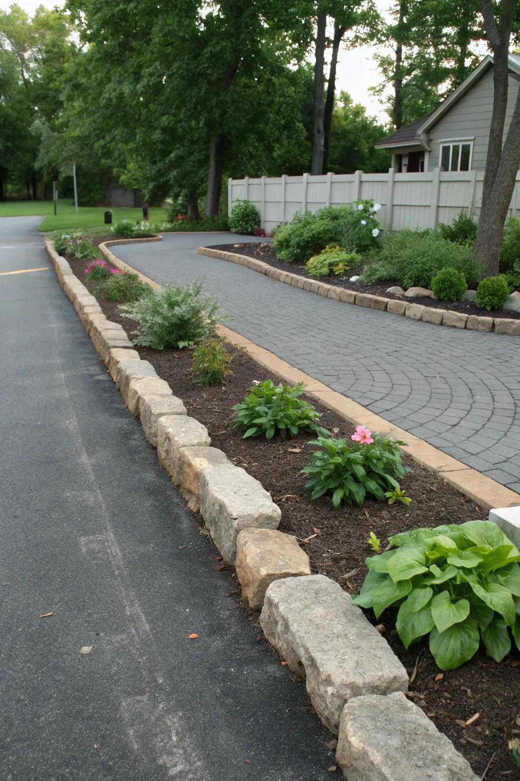 Stone edging keeps planting areas neat and defined.