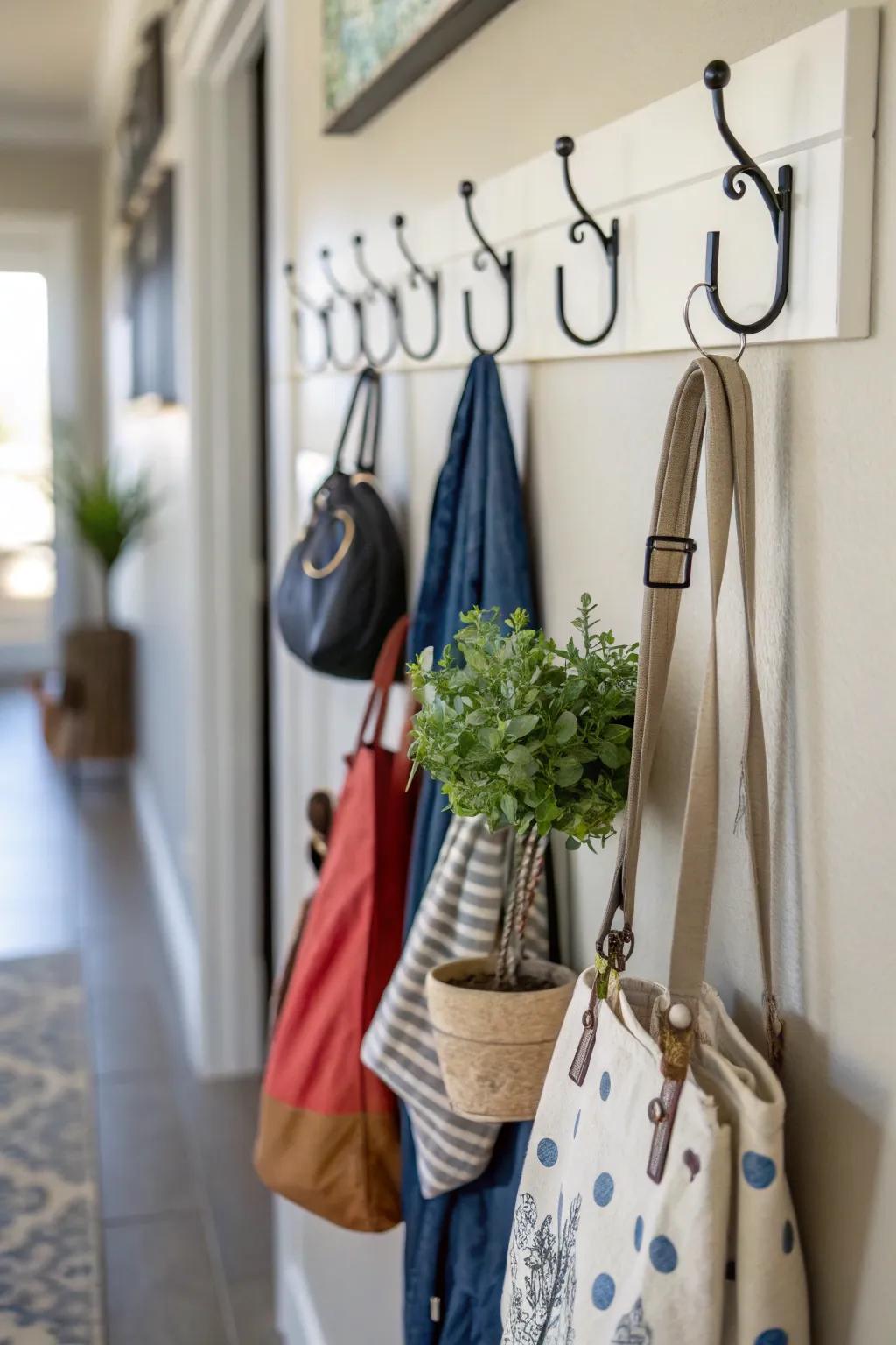 Hooks dedicated to bags and accessories for easy organization.