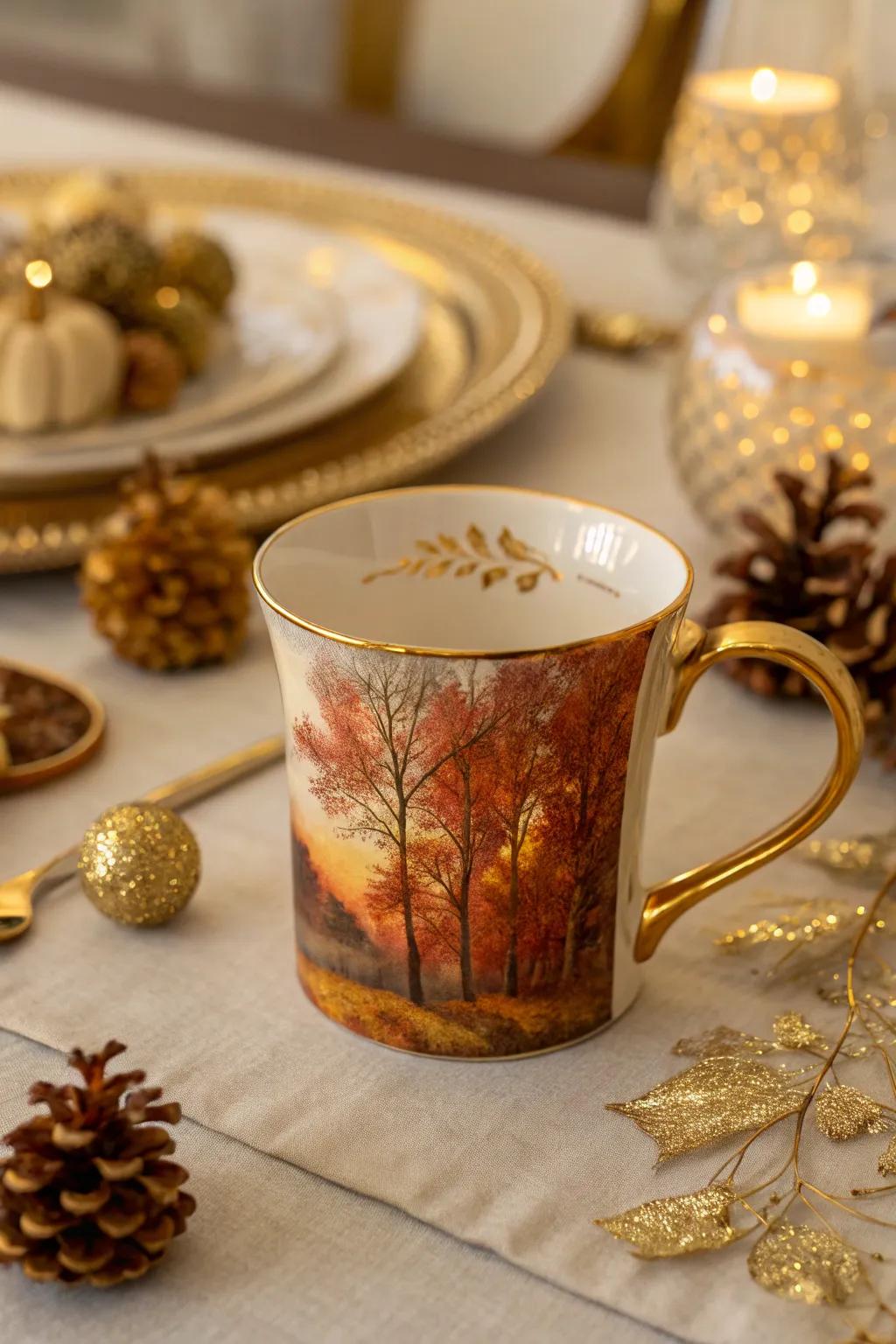 Elegant cup with gilded autumn accents.