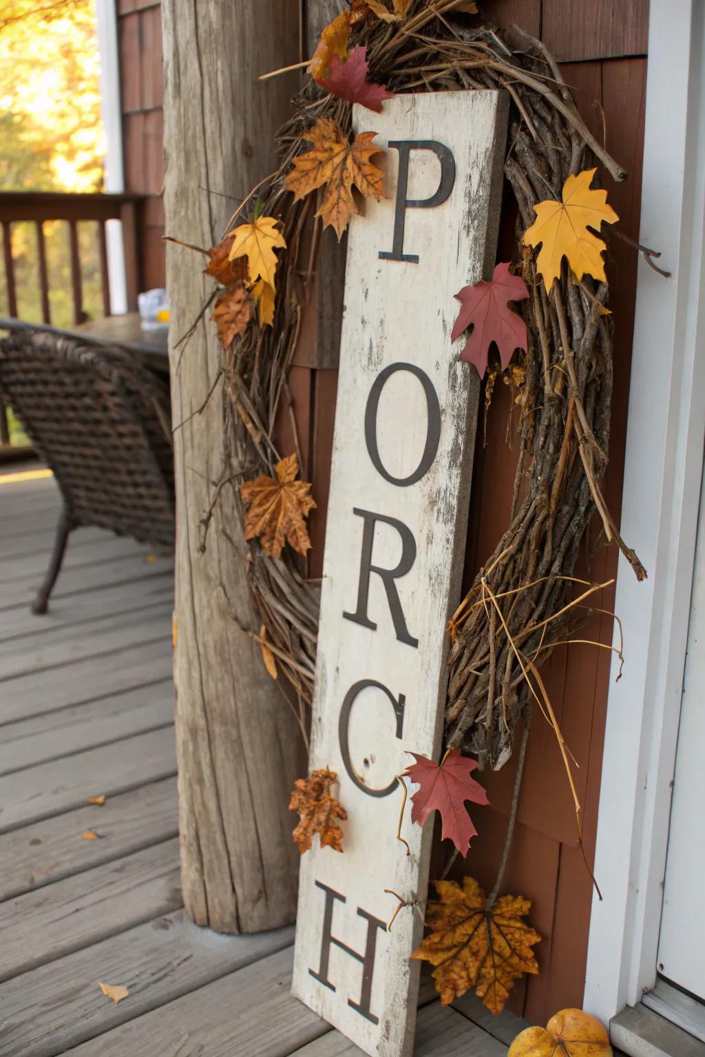 Bring nature to your porch with a sign adorned with twigs and leaves.