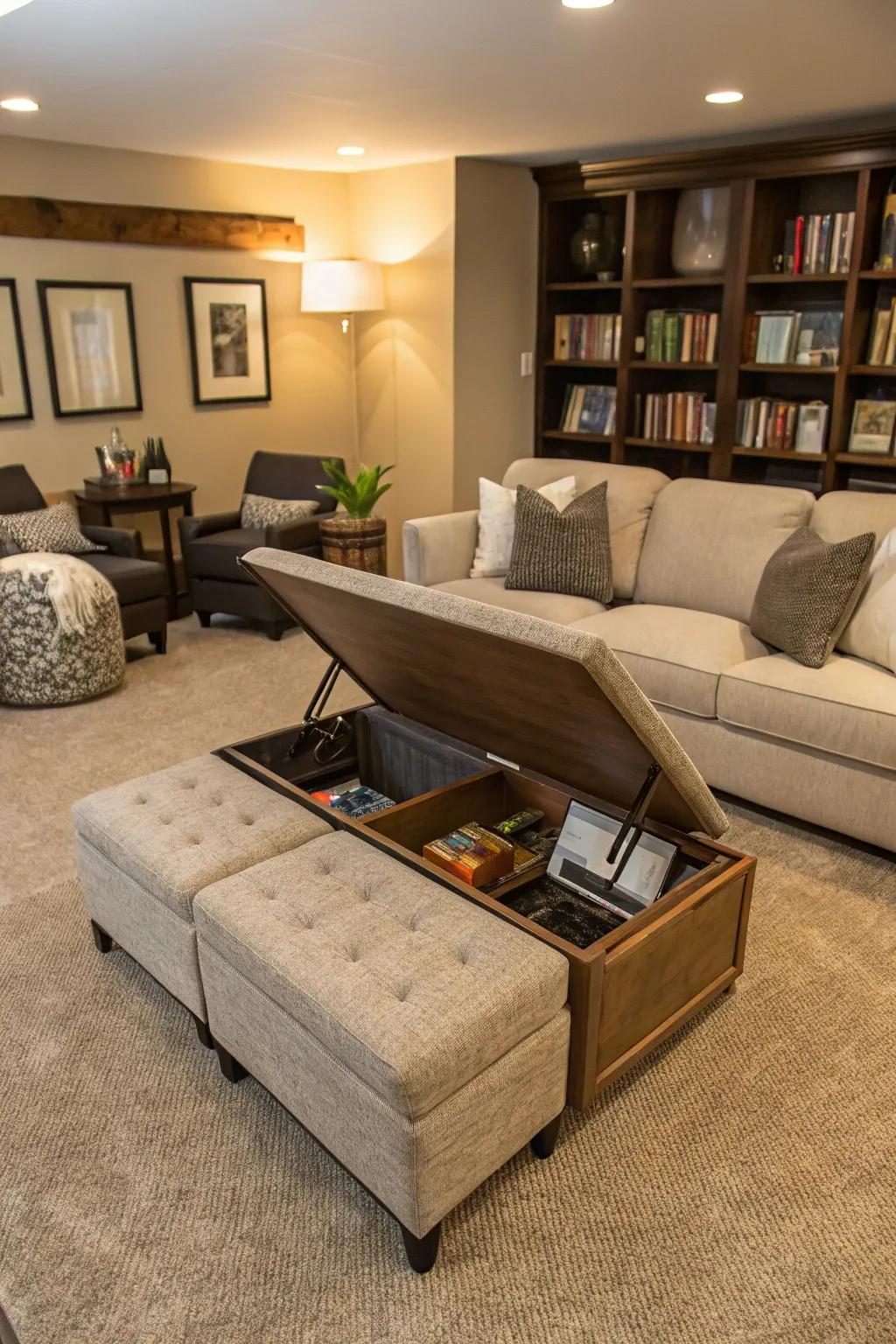 A family room showcasing versatile multi-functional furniture.