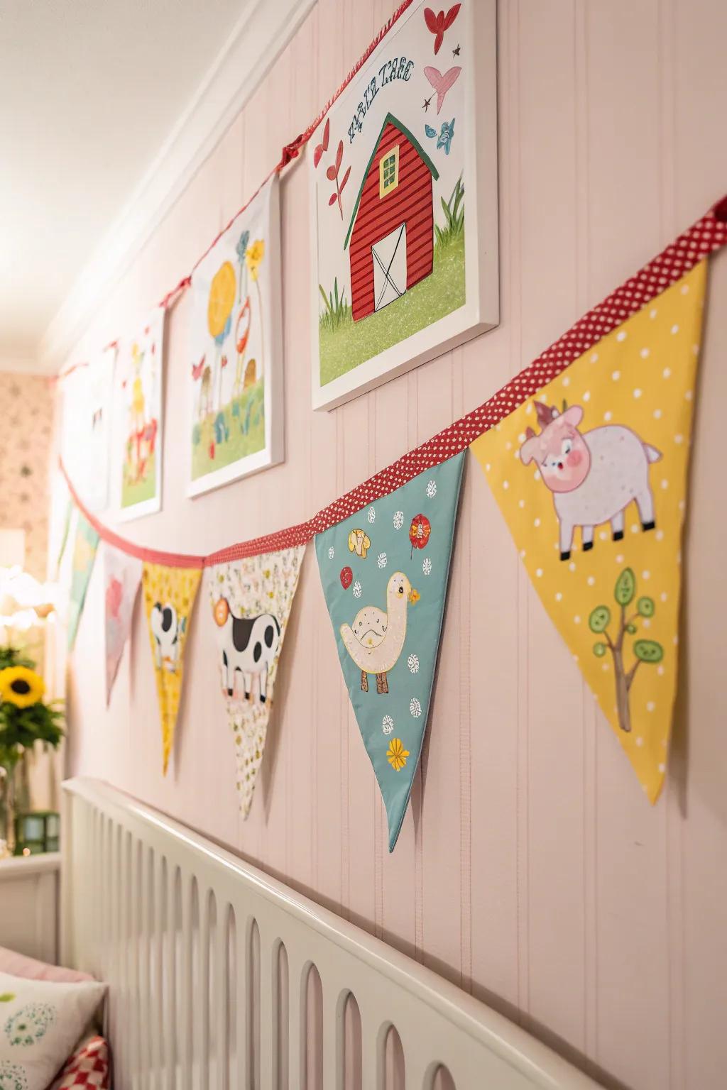 Bunting adds a festive feel to your farm animal nursery.