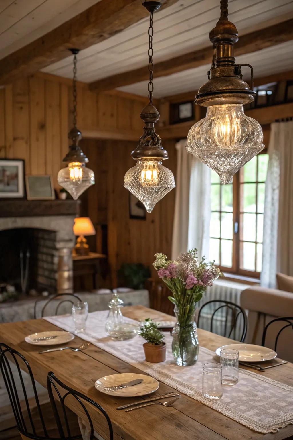 Antique glass lighting adds historical charm and sophistication.