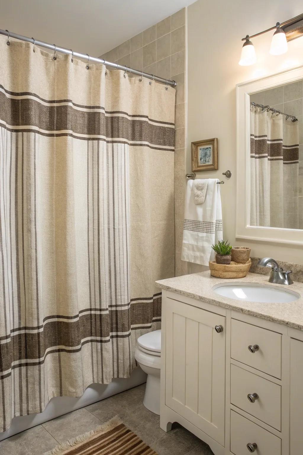 A bathroom with a shower curtain featuring classic grain sack stripes.