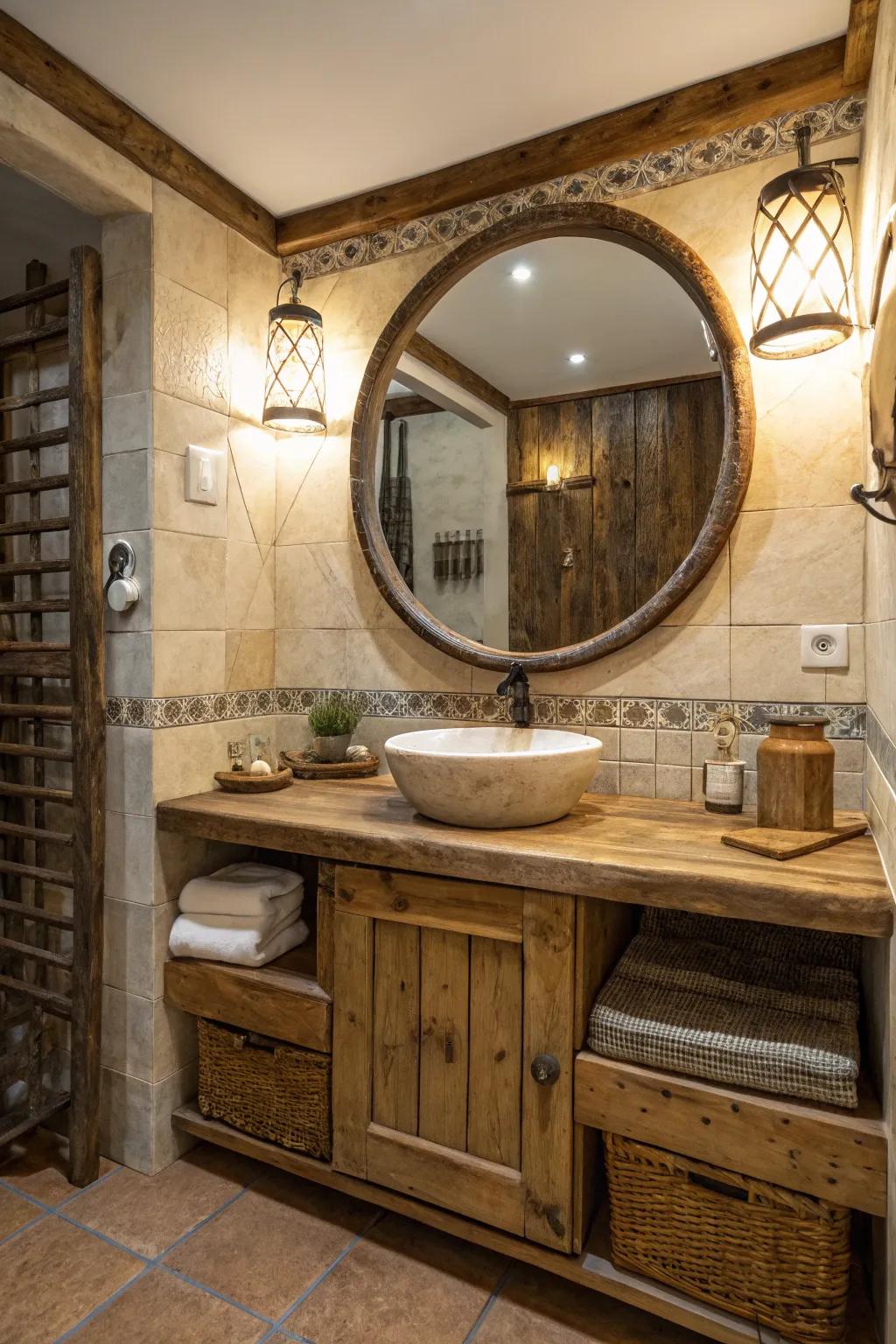 A round mirror acts as a stylish focal point in this farmhouse bathroom.