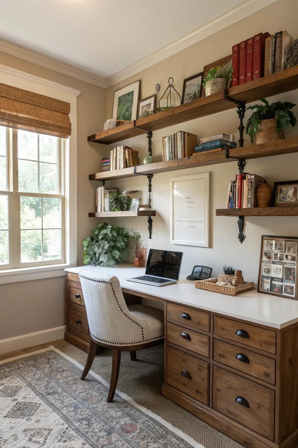 Vintage vibes with faux crown molding under shelves.