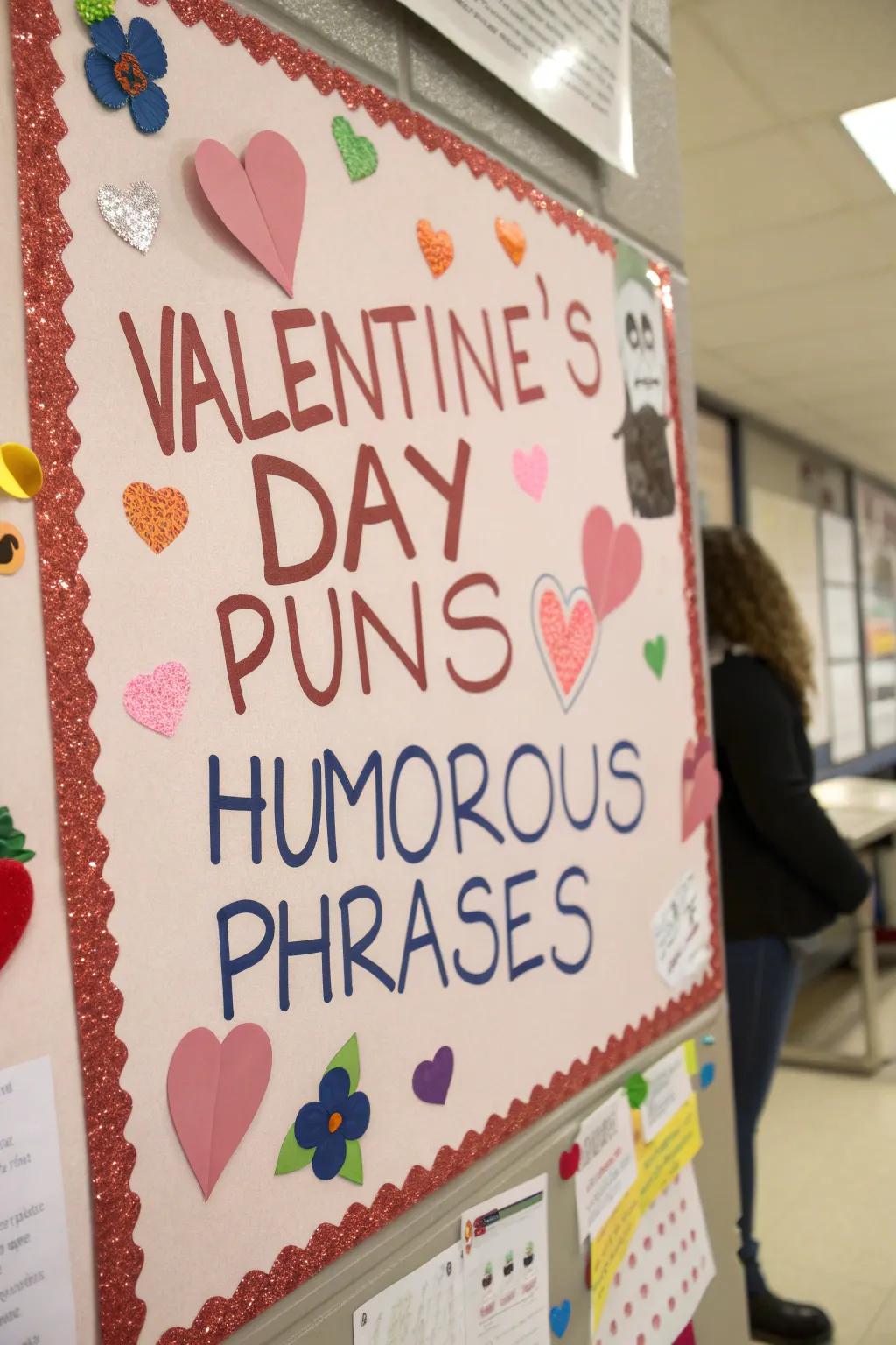 A bulletin board displaying Valentine's Day puns.