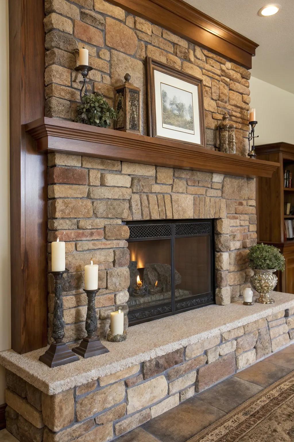 Textured elements adding depth to the mantel.