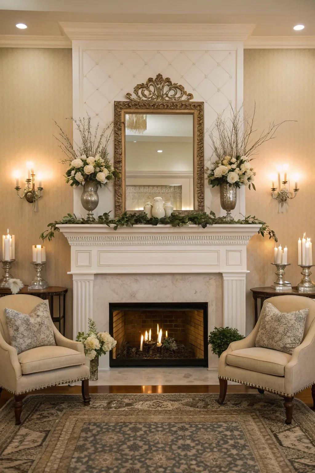 Architectural symmetry brings balance to this fireplace setting.