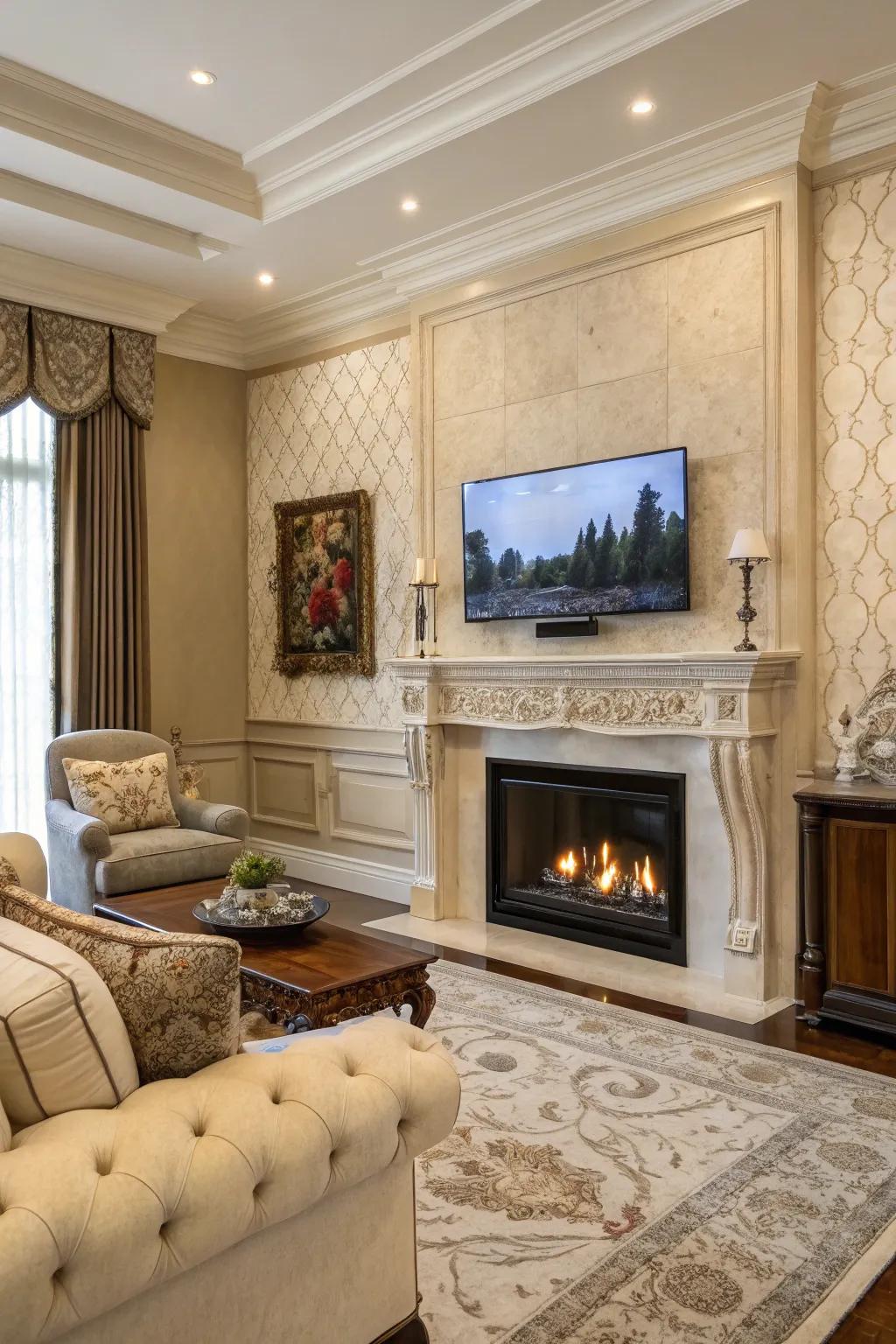 A living room with a TV that blends as artwork above the fireplace.