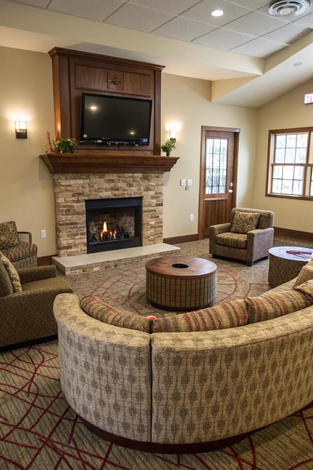 A functional living room setup with circular seating and a fireplace.