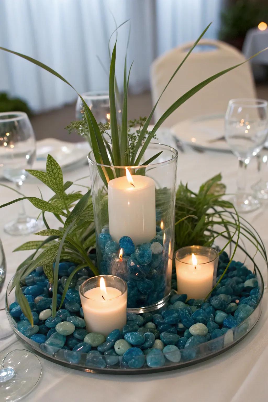 Blue glass pebbles mimic the look of shimmering water.