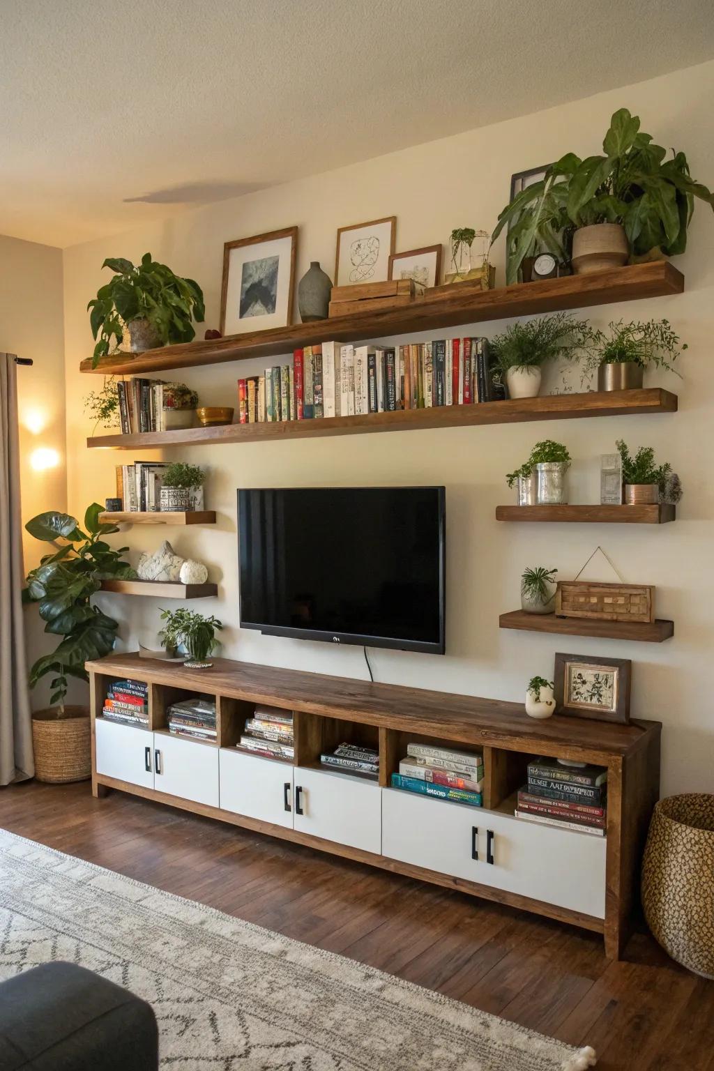 Add interest with staggered floating shelves around your TV.