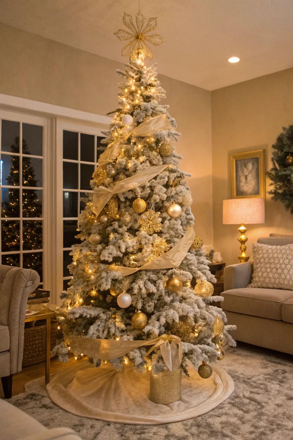 A warm and cozy gold-themed flocked Christmas tree.