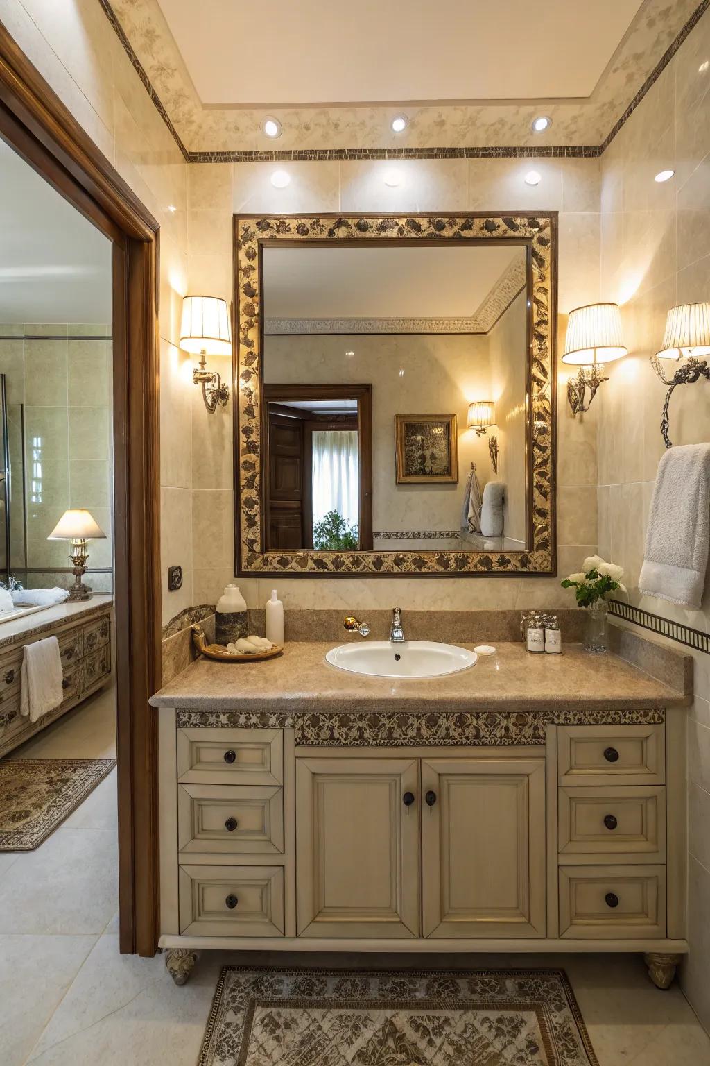 Decorative mirrors enhance the room's aesthetic and sense of space.