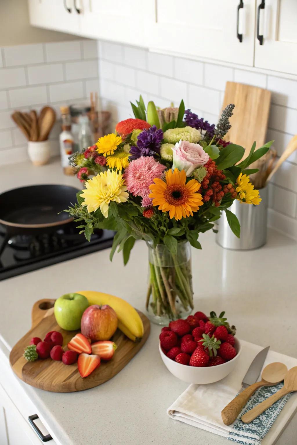 A unique bouquet featuring edible elements for a tasty birthday surprise.