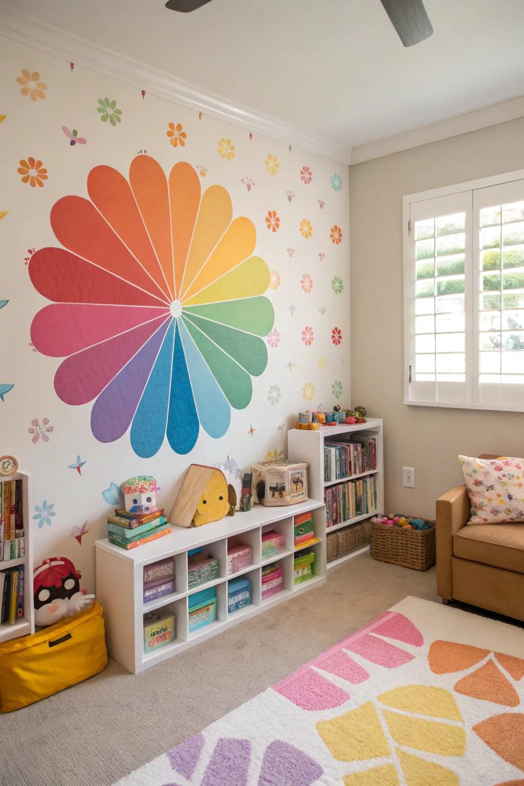 An educational and decorative flower color wheel adds vibrancy to a child's room.