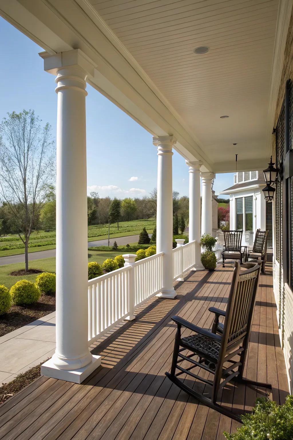 Columns integrated with railings create a seamless porch design.